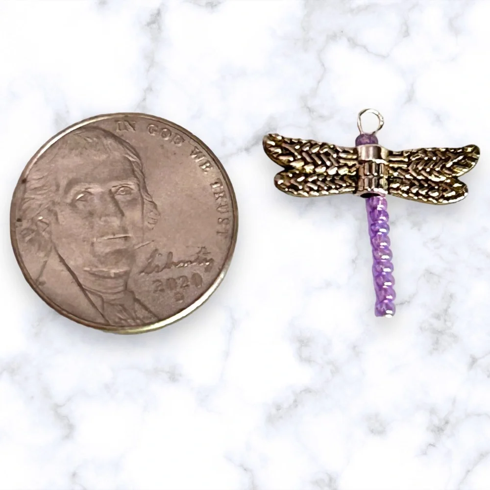 Hand Crafted Earrings Dragonfly Purple Dangle Silver Pierced Long Handmade